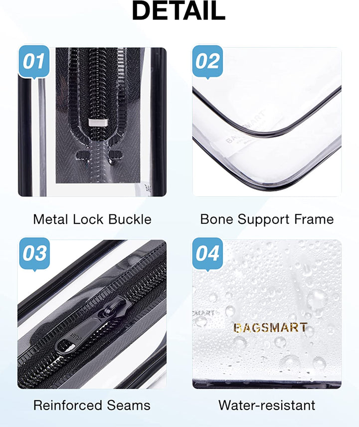 Clear Toiletry Bag, 2 Pack TSA Approved Travel Toiletry Bag Carry on Travel Accessories Bag Airport Airline Quart Size Bags Water Repellent Makeup Cosmetic Bag for Women (Black-2Pcs)