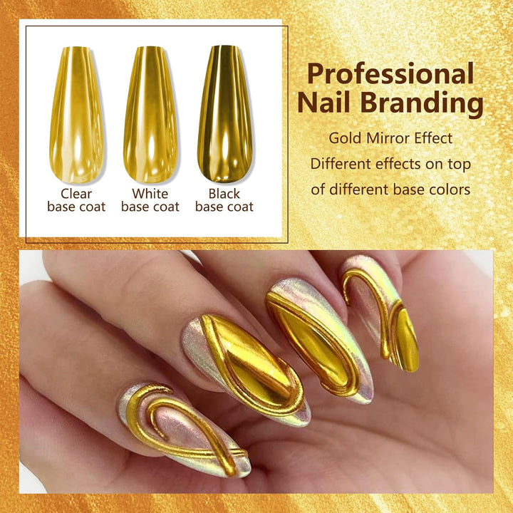 Holographic Mirror Gold Nail Chrome Powder Effect Metallic Dust Sequins UV Gel Gold Chrome Nail Powder Pigment for Nail Art Decoration, Gold Chrome Powder for Nails