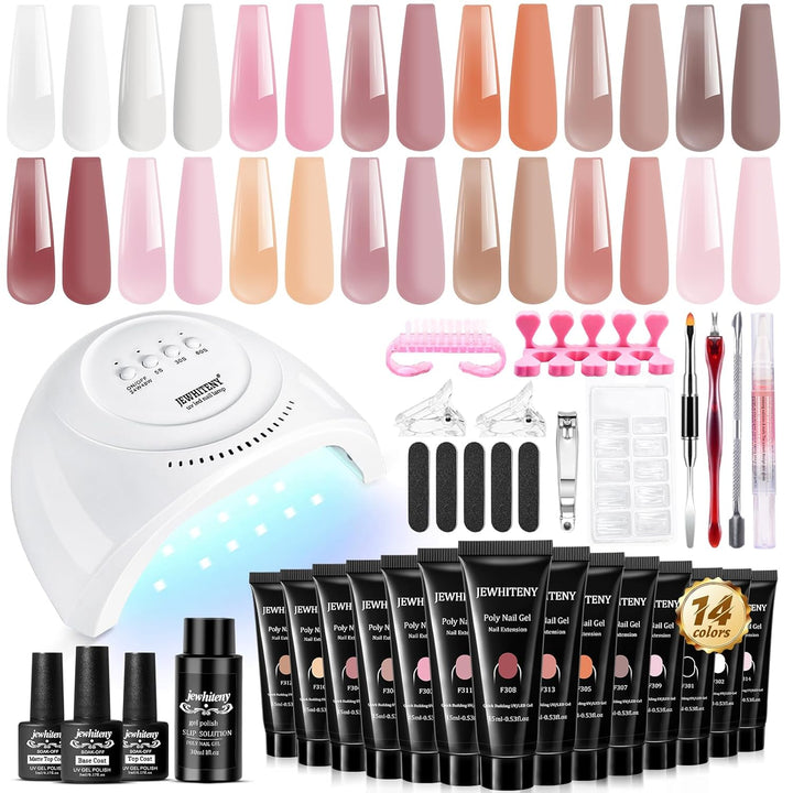 Poly Extension Gel Nail Kit 14 PCS Poly Gel Kit with Slip Solution and Mini Lamp Nail Art Design Beginner