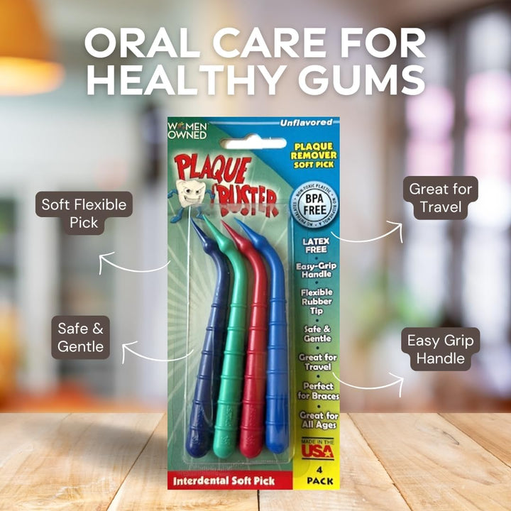 (4 Count) Soft Interdental Pick, Gum Stimulator & Plaque Remover, Made in USA, for Oral Health and Healthy Gums, Multi-Colored