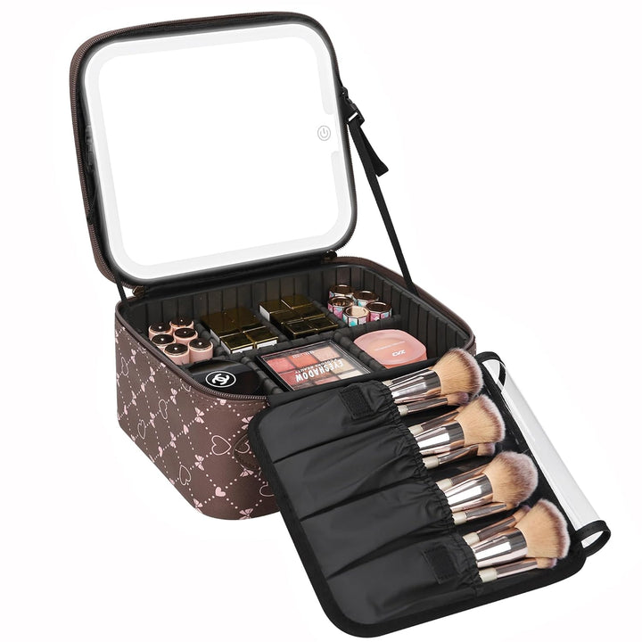 Travel Makeup Bag with LED Mirror, Cosmetic Train Case with Light up Mirror, Portable Makeup Artist Organizer Bag with Adjustable Dividers, Makeup Brush Holder Storage, Black