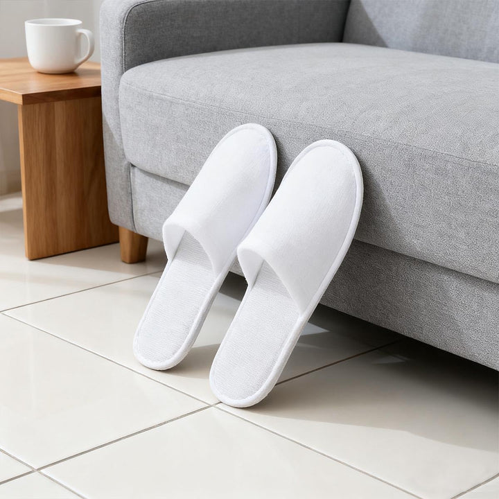 4 Pairs Disposable Slippers for Guests, Bulk White Slipper Pack for Hotel, Spa, Travel, Shoeless Home, Fits up to Adult
