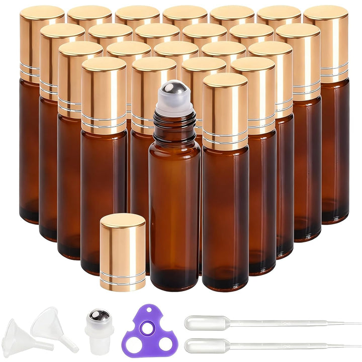 4 Pack, 10 Ml Essential Oil Roller Bottles with Stainless Steel Roller Ball - Refillable Leak-Proof Empty Thick Amber Glass Roll on Bottles with Metal Caps for Travel, Perfume