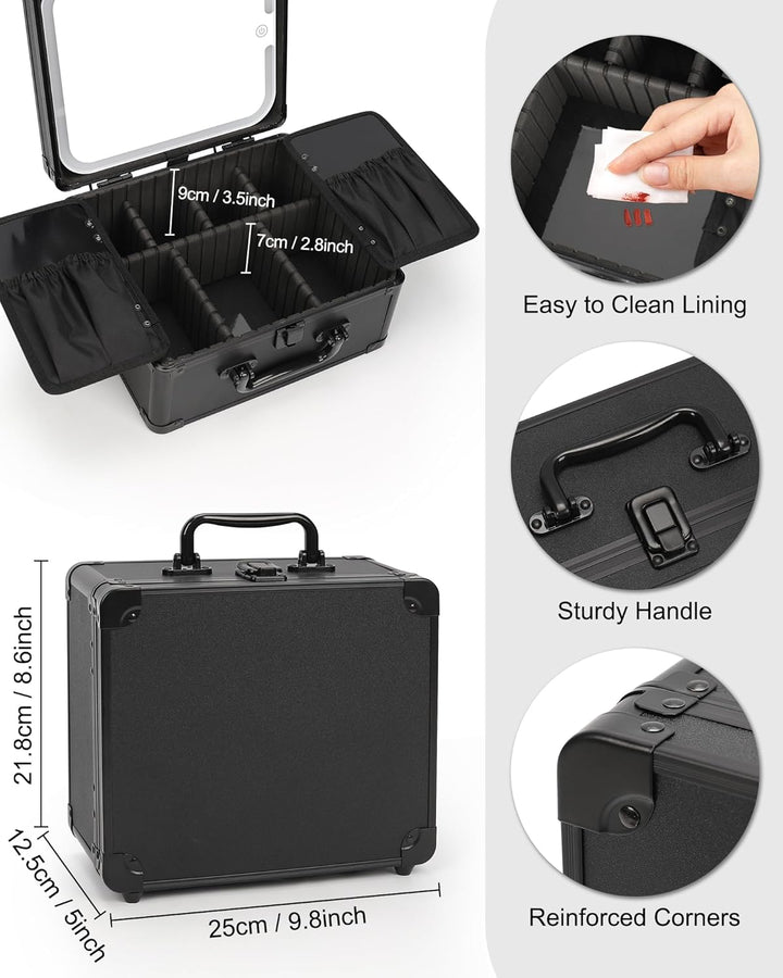 Makeup Bag with LED Mirror, Makeup Box Travel Train Case with Rechargeable Lighted Mirror & Adjustable Dividers, Cosmetic Brush Organizer Storage for Makeup Artists Gifts for Women and Girls
