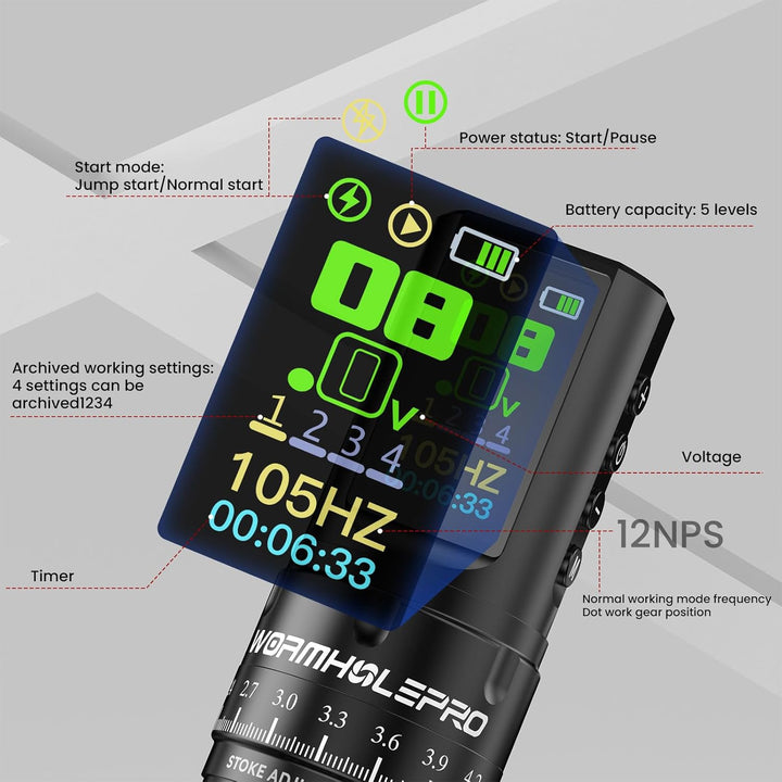 WORMHOLE PRO Tattoo Gun AQUILA Wireless Tattoo Machine Multi-Function Smart Tattoo Pen 1,800Mah Battery with Replacement Power Supply, Smart Display, Brushless Motor, 7 Strokes Length