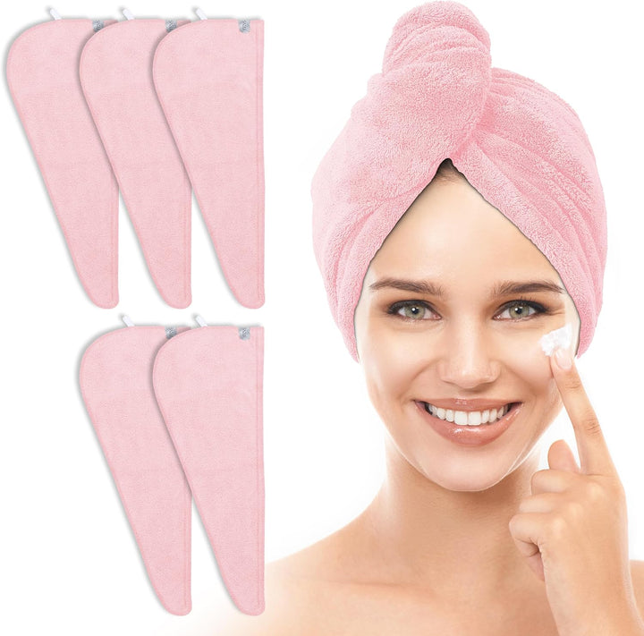 5 Pack Thicken Microfiber Hair Towel Wrap for Women - Elastic Loop Design - 320GSM Coral Velvet - Quick Dry Hair Turban - 11X28 Inch (Grey+Pink+Brown+Frozenblue+Frozenberry)