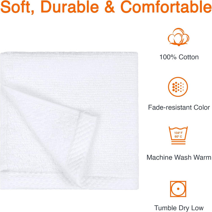 Cotton Washcloths, Quick-Dry, 12" X 12", 12-Pack, White