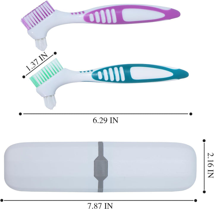 2Pcs Denture Brush False Teeth Toothbrush with 1 White Carrying Case, Effective Denture Cleaning Brush with Multi-Layered Soft Bristles,Green and Purple