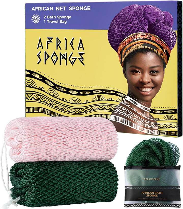 African Net Sponge Authentic - 2 Pieces Loofah Exfoliating Body Scrubber Bath Sponge - Back Scrubber Washcloth for Shower - Real African Scrub Exfoliator Body Care Bathing Accessories for Women
