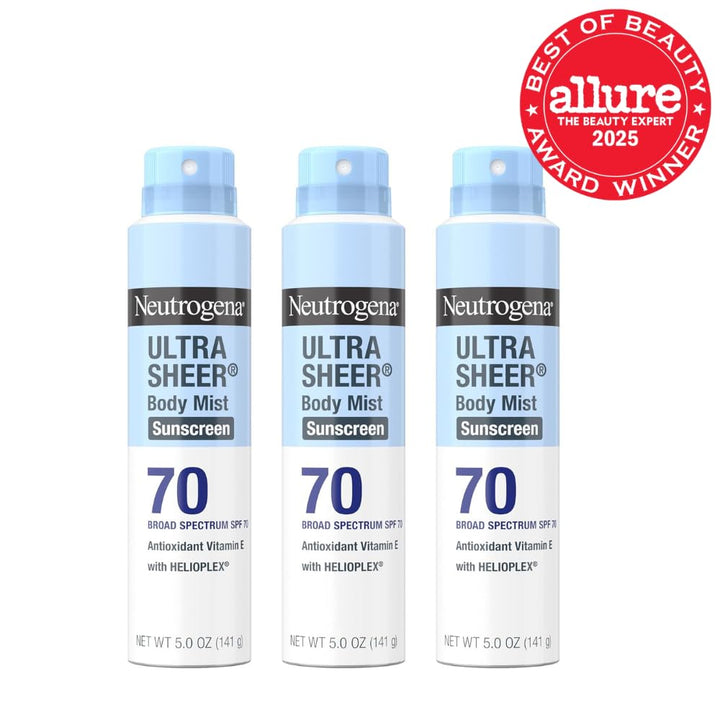 Ultra Sheer Body Mist Sunscreen Spray, Broad Spectrum SPF 70, Lightweight Spray Sunscreen, Non-Greasy & Water Resistant, Oil-Free & Non-Comedogenic UVA/UVB, 5 Oz, Pack of 3