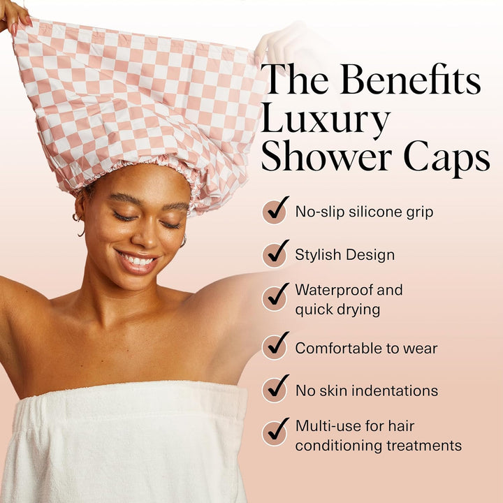 Luxury Shower Caps for Women Reusable Waterproof - Flexi Satin Lined, Large Wide Shower Cap for Women & Men, Adjustable, Stylish Hair Cap for Shower, for Long & Short Hair - Terracotta Checker