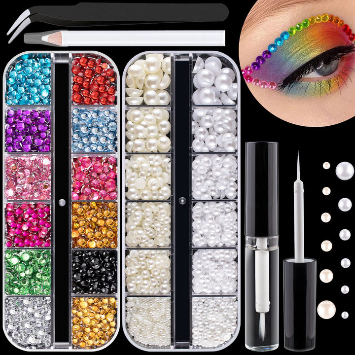 Flat Back Rhinestone Kits Colorful Rhinestones+Crystal Ab&Transparent White Face Gems Nail Gem with Quick Dry Makeup Glue+Picker Pencil+Tweezer for Bedazzling Face Makeup and Nail Art