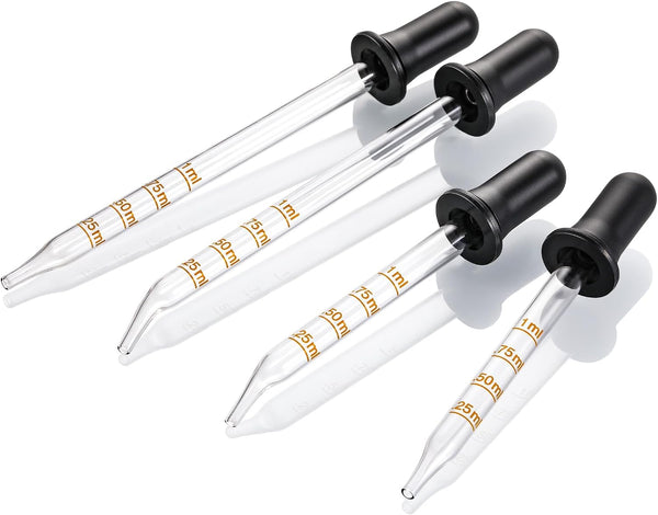4 Pack, 1 Ml Glass Eye Dropper with Measurement - Long & Short, Bent & Straight Tip Calibrated Glass Medicine Droppers, Accurate Dose Pipette Dropper for Essential Oils, Feeding, Ear, Lab, Health Care
