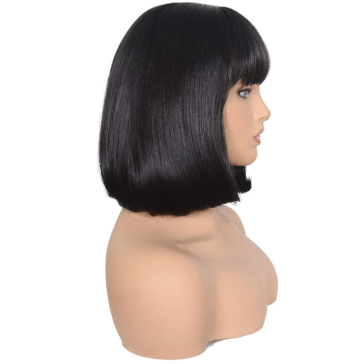 Short Straight Bob Wig Heat Resistant Hair with Blunt Bangs Natural Looking Cosplay Costume Daily Wigs (14", 2# Black)