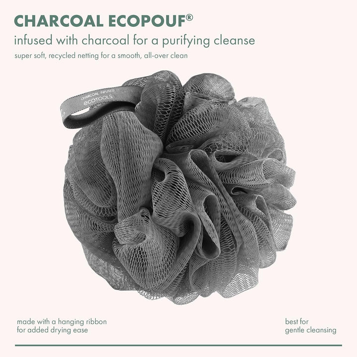 Charcoal Ecopouf, Loofah Sponge for Bath & Shower, Infused Pouf, Recycled Netting, Exfoliation Removes Dead Skin, Eco-Friendly Bath Accessory, Cruelty-Free, Color May Vary, 1 Count (60G)