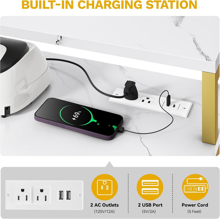 L Shape Nail Desk for Nail Tech - Spacious Manicure Table with Built-In Charging Station, Marbling Texture Manicure Station for Home, Beauty Salon Spa