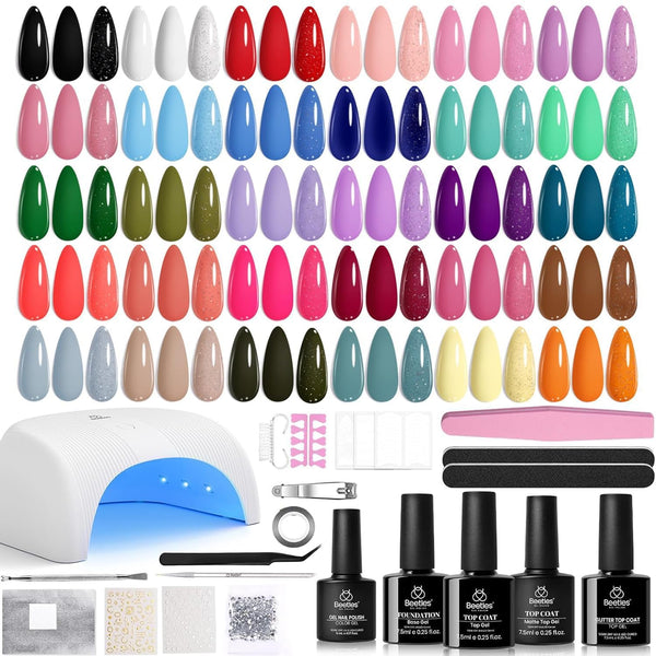 Beetles Gel Nail Polish Kit with U V Light -54 Pcs Gel Nail Kit Four Seasons Glow 32 Colors Set with Base Matte & Glossy Top Coat Soak off Home DIY Manicure Nails Beginners Gifts for Women Teen Girls