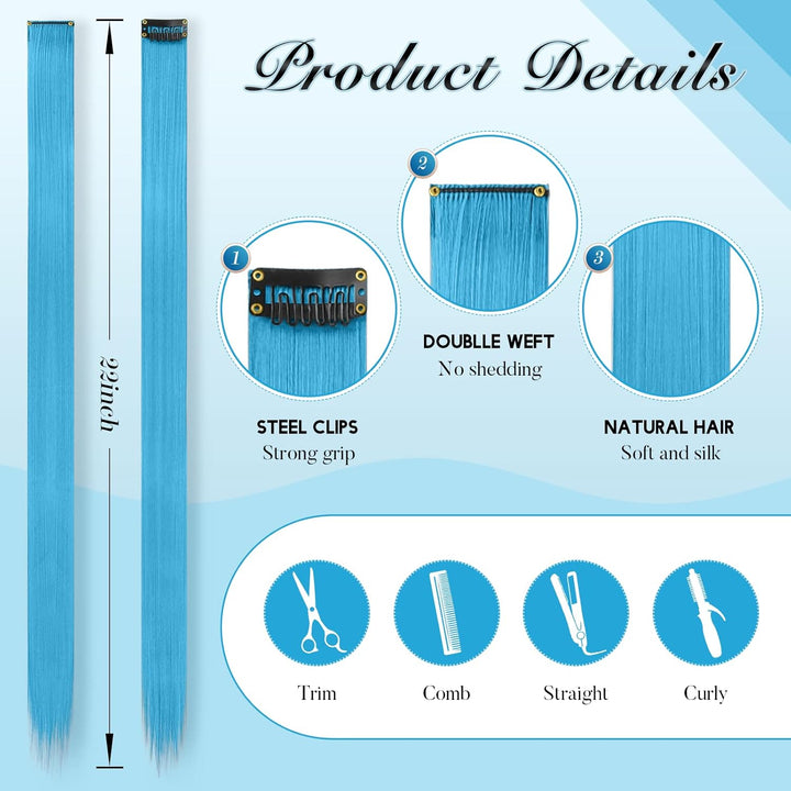 Colored Clip in Hair Extensions - 10 PCS Skyblue Light Blue Highlighted Hair Piece Straight Synthetic Clip in Hairpieces for Women 22 Inch