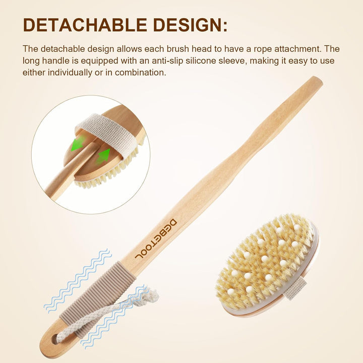 Dry Brushing Set - Natural Boar Bristle Body & Face Brush, Wooden Long Handle Scrub Brush for Cellulite & Lymphatic Drainage, Detachable, 3 Brush Heads