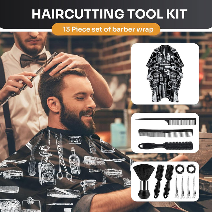 Barber Cape 13Pcs with Neck Duster Brush Adjustable, Extra Long Hair Cutting Cape 63" X 55" Profesional Barber Accessories for Men/Adults/Barber/Salon/Clients/Home/Women/Kids