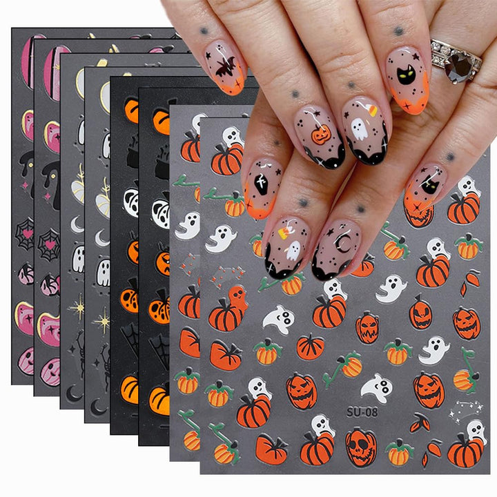 Halloween Nail Art Stickers Cute Ghost Pumpkin 3D Self-Adhesive Nail Decals Bat Cat Skull Designs Nail Decorations Halloween DIY Manicure Supplies for Women Girls&Kids 6Pcs