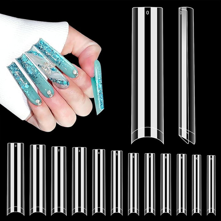 504 PCS No C Curve Clear Nail Tips for Acrylic Nails Professional, 3XL Extra Long, 12 Sizes Half Cover Straight Tapered Square French Fake Nail Tips for Nail Salons Home DIY