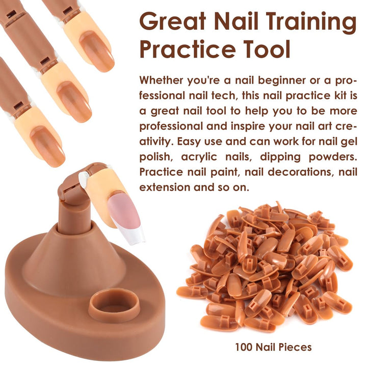 Acrylic Nail Practice Finger Kit,  Acrylic Nail Training with 1 Base Stand, 3 Adjustable Fake Fingers, 100 Brown Nail Tips, Movable Training Nail Practice for Nail Beginner…