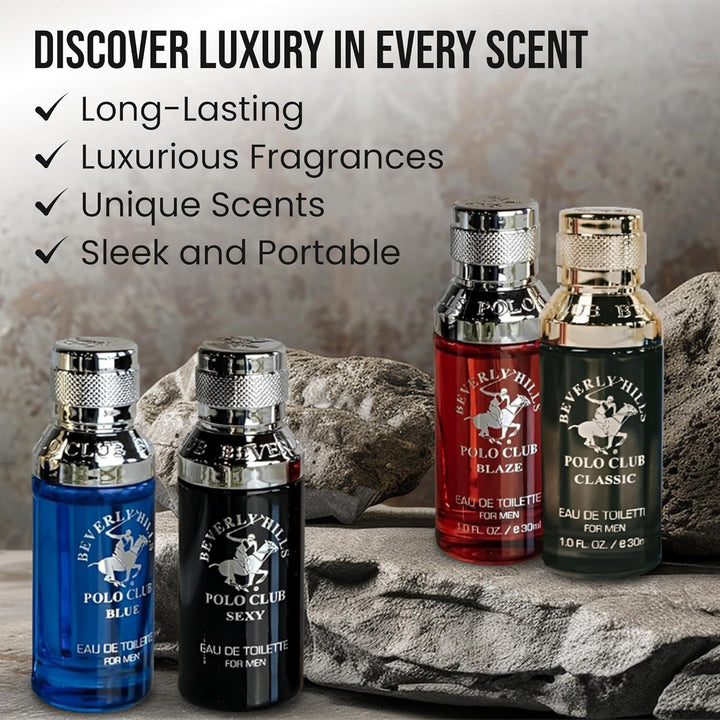 Exclusive Fragrance Collection for Men with 4 Different Fragrances, Blaze, Blue, Classic, and Sexy, 1Fl Oz Each (Pakaging May Vary)