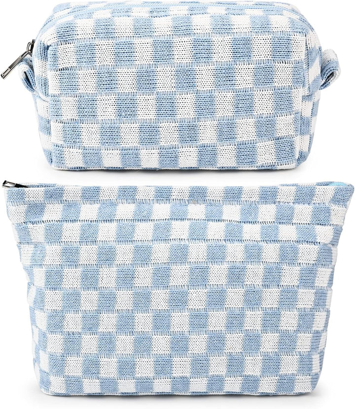 2 Pieces Makeup Bag Large Checkered Cosmetic Bag Capacity Canvas Mix Travel Toiletry Bag Organizer Cute Makeup Brushes Aesthetic Accessories Storage Bag for Women, Checkered Mix Rose Red