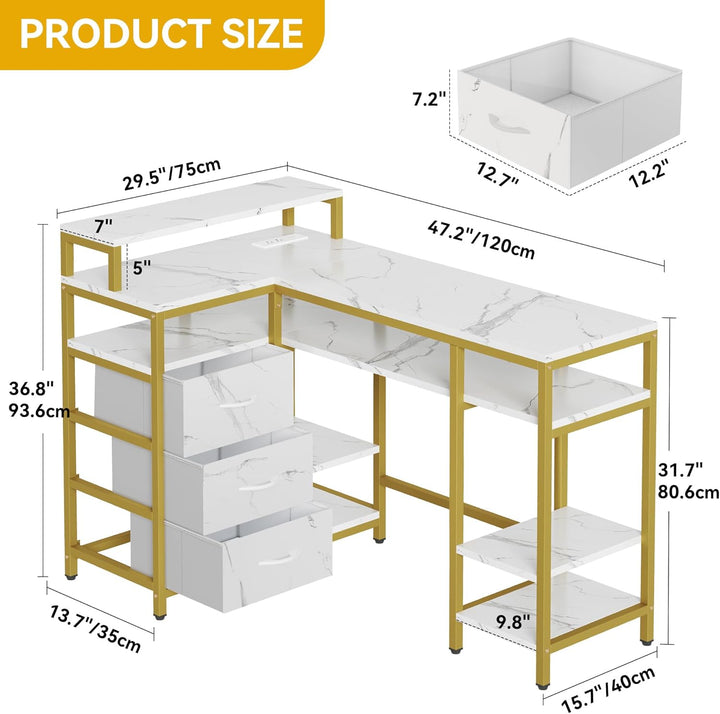 L Shape Nail Desk for Nail Tech - Spacious Manicure Table with Built-In Charging Station, Marbling Texture Manicure Station for Home, Beauty Salon Spa