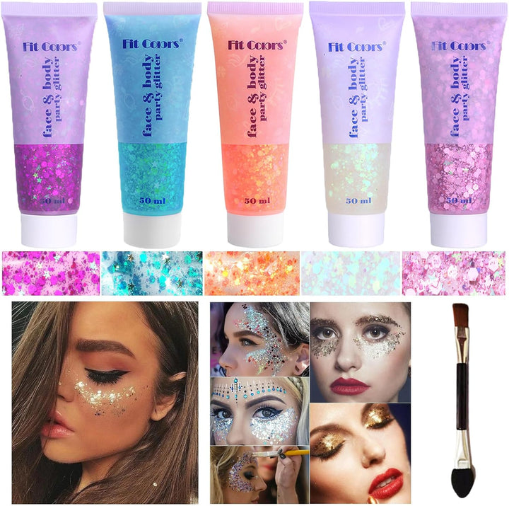 Body Glitter Face Glitter Gel: Singer Concerts Disco Festival Rave Accessories Face Glitter Makeup 150Ml Chunky Sequins Mermaid Face Body Hair Glitter Gel (White&Silver&Pink)