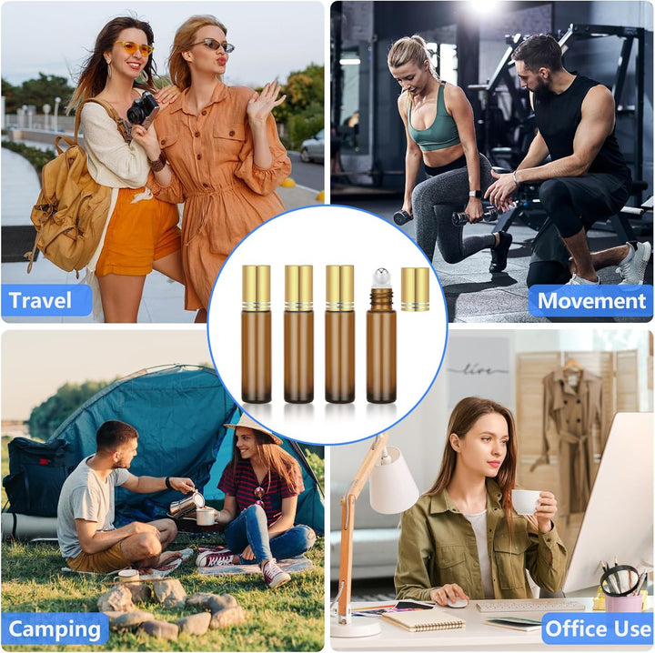 4 Pack of 0.34 Oz (10Ml) Essential Oil Roller Bottles - Refillable, Leak-Proof Amber Glass Roll-On Bottles with Stainless Steel Roller Balls, Metal Caps, and Labels Included