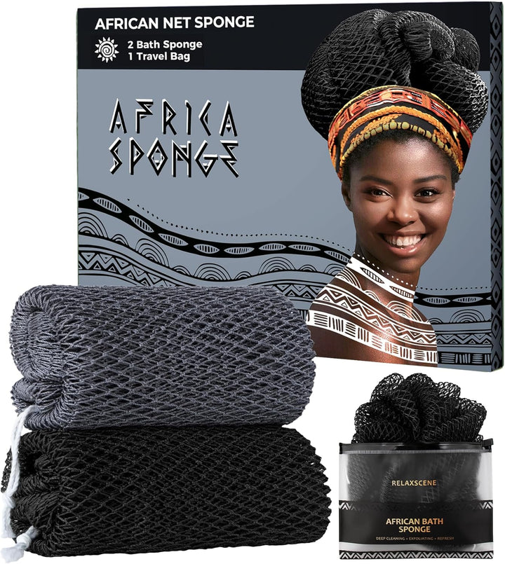 African Net Sponge Authentic - 2 Pieces Loofah Exfoliating Body Scrubber Bath Sponge - Back Scrubber Washcloth for Shower - Real African Scrub Exfoliator Body Care Bathing Accessories for Women