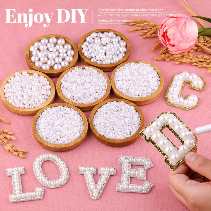 13000Pcs Flatback Pearls for Crafting (White), Assorted Size 2/3/4/5/6/8/10Mm Half Pearl Bead Gems with 3Pcs 10Ml B7000 Jewelry Glue, Bedazzling Kit for Crafts Shoes Graduation Cap Nail Art