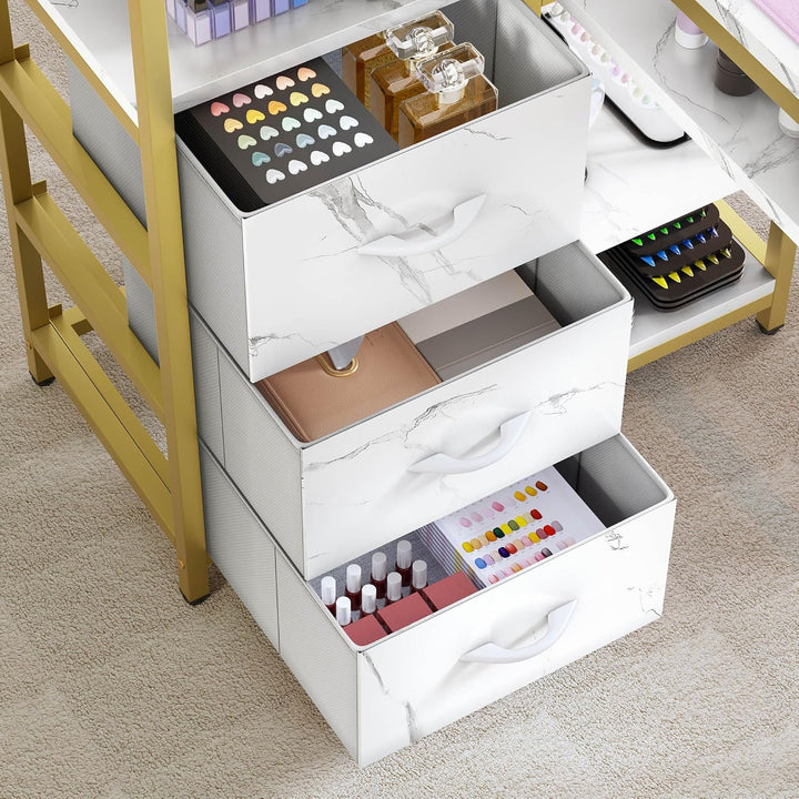 L Shape Nail Desk for Nail Tech - Spacious Manicure Table with Built-In Charging Station, Marbling Texture Manicure Station for Home, Beauty Salon Spa