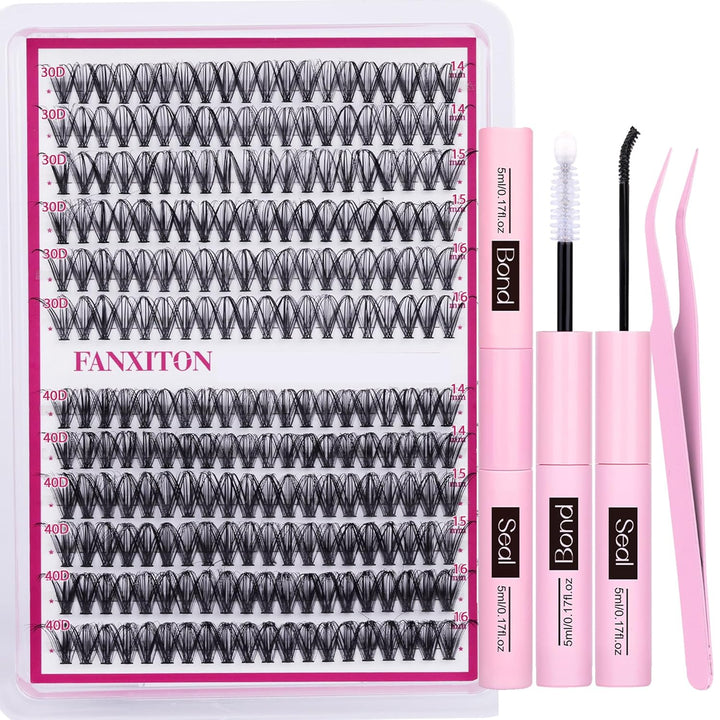 DIY Lash Extension Kit Volume Lash Clusters 40D+50D D Curvature Individual Lashes Lash Clusters Kit Thick Eyelash Extension Kit 280 Pcs Thin Band Cluster Lashes Lash Bond and Seal Tweezers