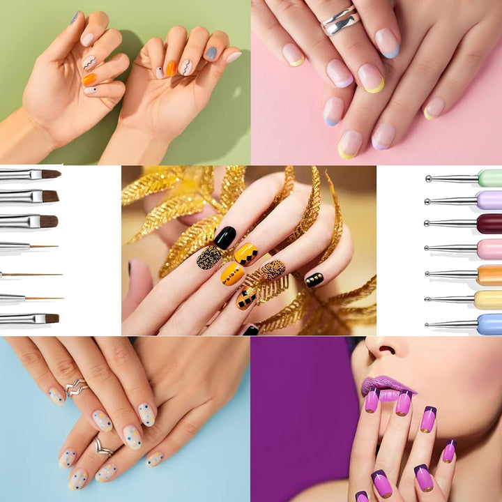 7PCS Nail Art Brushes, Nail Design Painting Brush Set with Nail Polish Brush, Nail Liner Brush, Nail Extension Gel Brush, Builder Nail Gel Brush, and Multi-Size Dotting Pens for DIY Nail Art