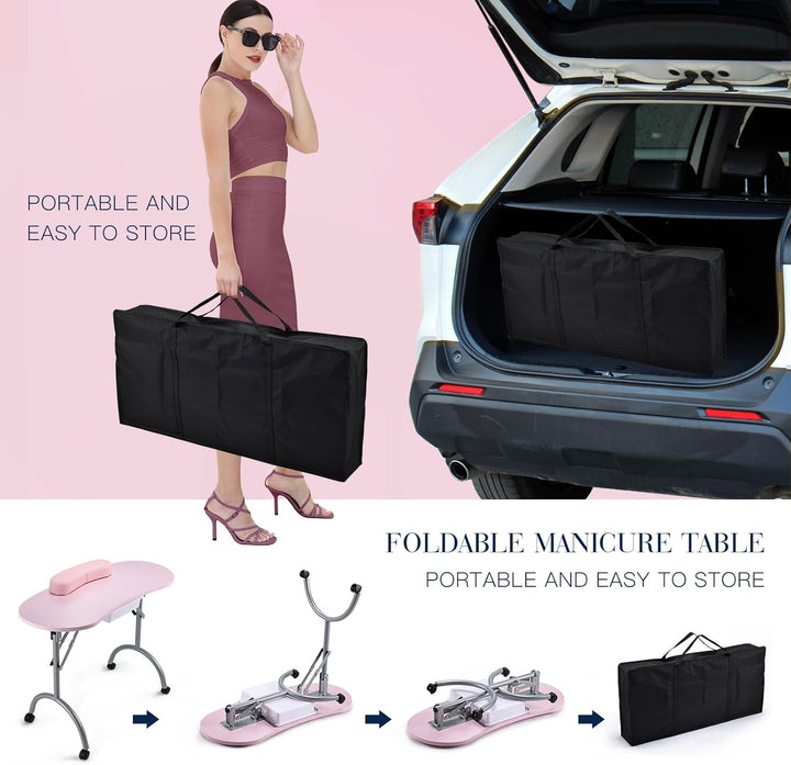 Professional Foldable & Portable Manicure Table Nail Technician Desk Workstation 4 Lockable Wheels with Drawer Client Wrist Pad Free Carrying Bag Travel Nail Tech Spa Beauty Table Pink
