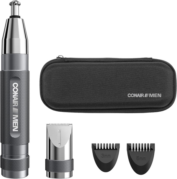 Men Ear, Nose and Eyebrow Trimmer, Patented 360° Bevel Blade for No Pulls, Nicks or Cuts Guaranteed, Nose Hair Trimmer for Men, Non-Slip Grip, 5-Piece Kit with Travel Case