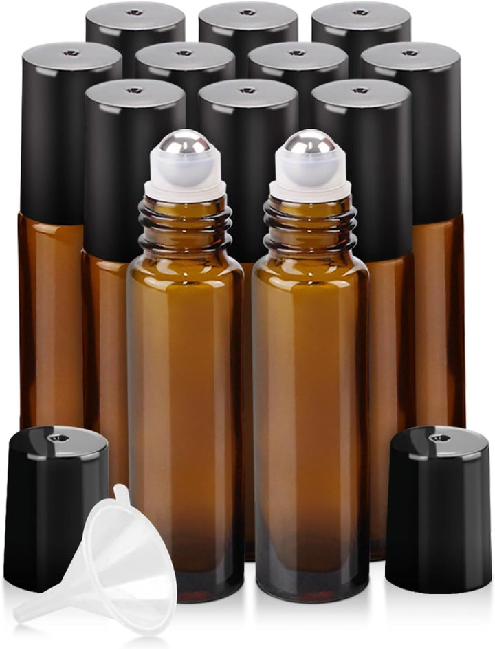 4 Pack Essential Oil Roller Bottles, 10Ml Refillable Amber Glass Roller Bottles with Stainless Steel Roller Balls and Caps for Travel, Perfume and Lip Gloss