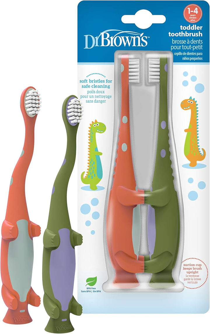 Toddler Toothbrush, Dinosaur, Green and Orange, 2-Pack