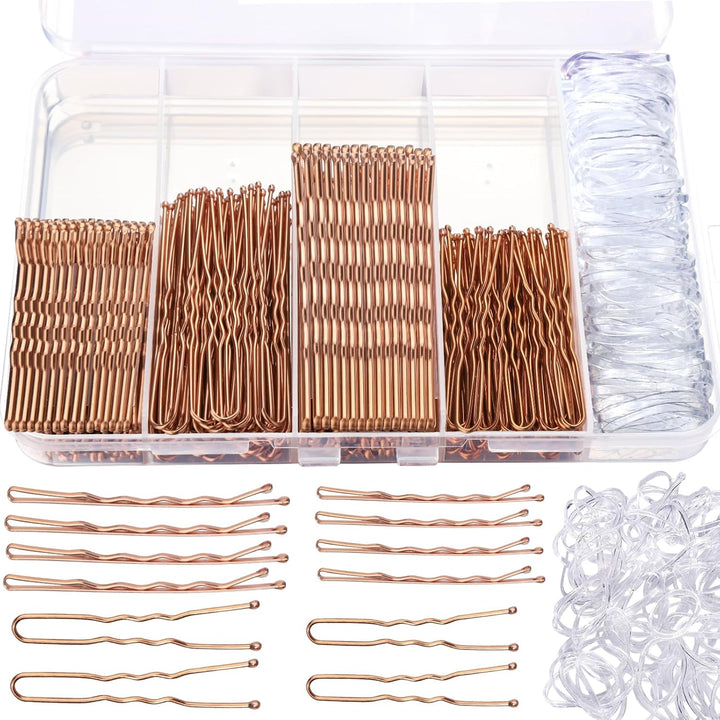 300Pcs Bobby Pins Hair Pins Kit, 100 Hair Pin for Women 100 Bobby Pins Brown and 100 Hair Bands, Hair Pins for Buns 2Inch 2.36Inch 2.75Inch