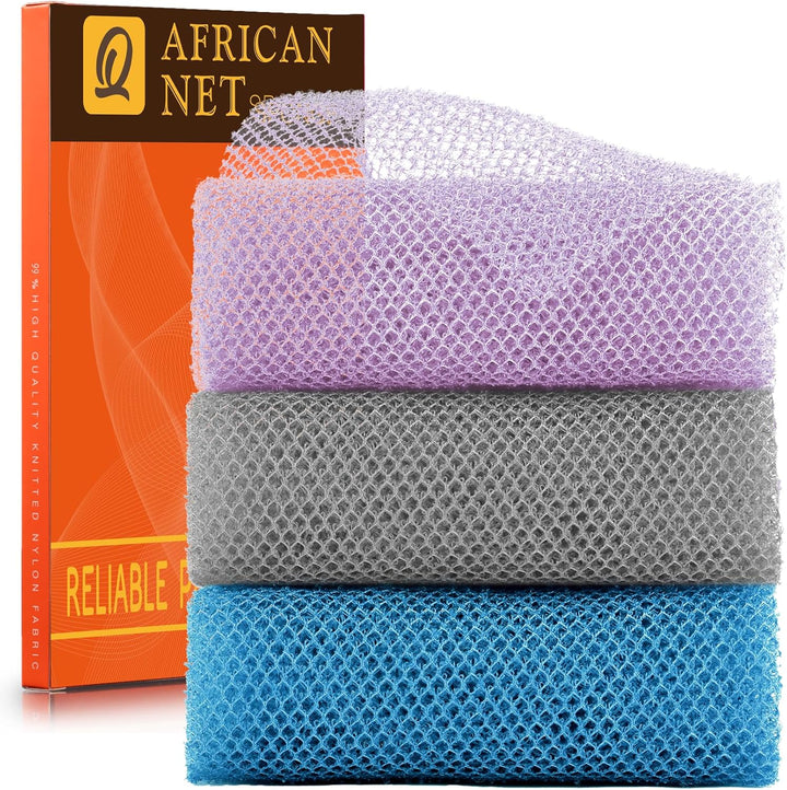 3 Pieces African Bath Sponge African Net Long Net Bath Sponge Exfoliating Shower Body Scrubber Back Scrubber Skin Smoother,Great for Daily Use (Pink,Yellow,Purple)