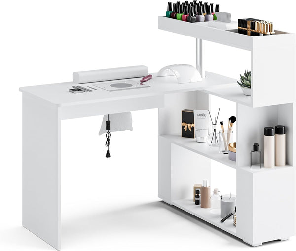 Manicure Table, L-Shaped Nail Tech Desk with Dust Collector, Reversible Rotating Table & Storage Shelf, Acetone Resistant Beauty Salon Station, White