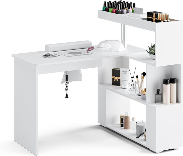 Manicure Table, L-Shaped Nail Tech Desk with Dust Collector, Reversible Rotating Table & Storage Shelf, Acetone Resistant Beauty Salon Station, White