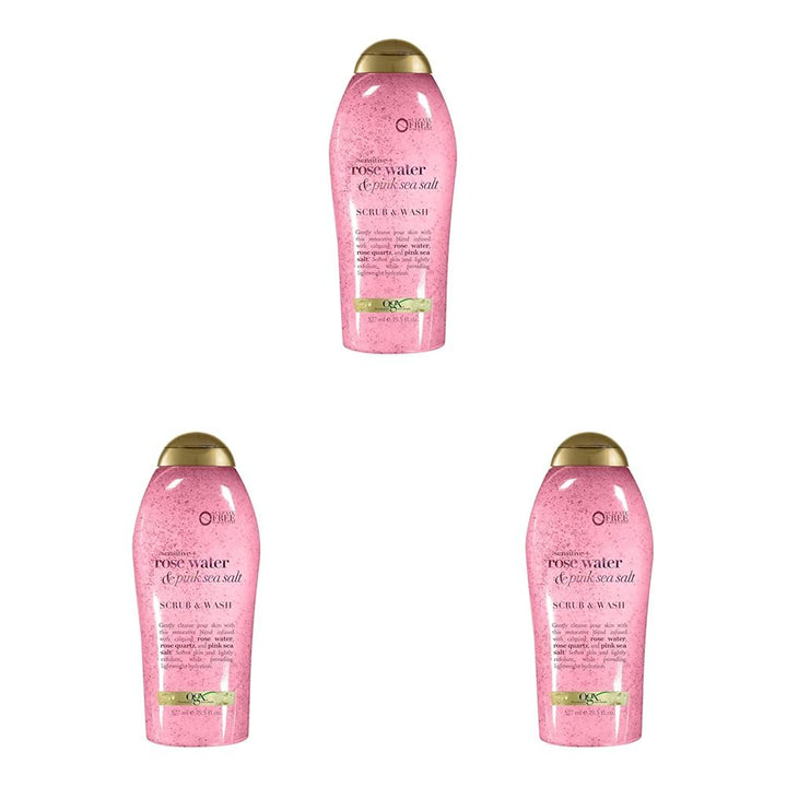 Sensitive + Rose Water & Pink Sea Salt Exfoliating Body Scrub + Rose Quartz, Gentle Exfoliating Daily Body Wash Softens Skin, Body Scrub for Women, Sulfate-Free Surfactants, 19.5 Fl Oz