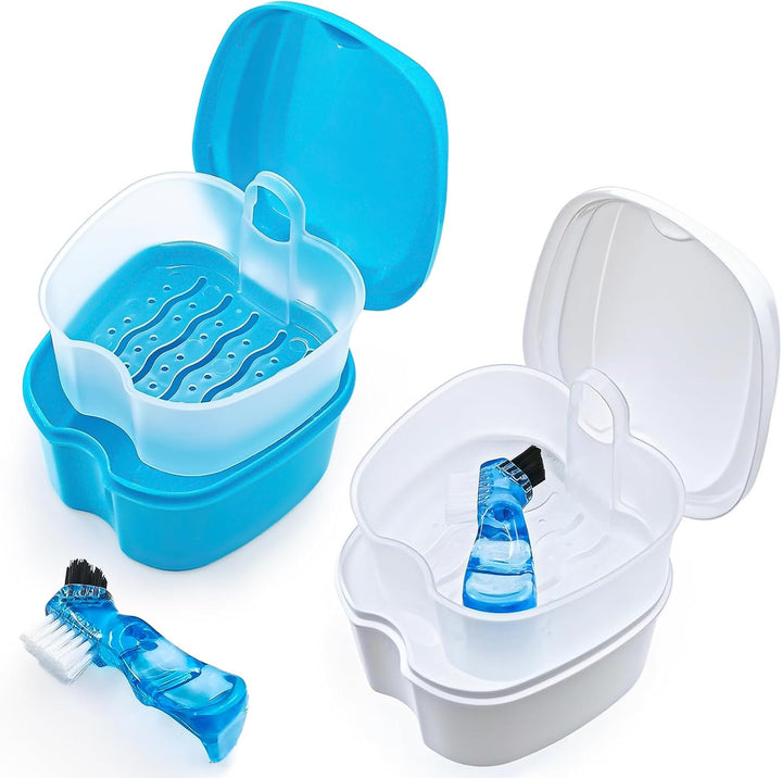 Black Denture Soaking Container Partial Denture Case, Orthodontic Retainer Cleaning Case Denture Cleaner Container Dentures Teeth Cup with Strainer and Lid Waterproof