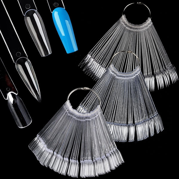 Nail Color Swatch Sticks with Ring, 150Pcs Ballerina Square Stiletto Clear Nail Tips, Nail Polish Display Sample Sticks, Practice Nail Tips, Nail Salon Supplies