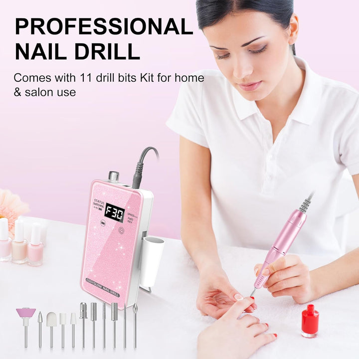 Professional Electric Nail Drill File: Glitter Portable Cordless E-File Nail Drill Kit with 11 Drill Bits,30000 RPM Rechargeable Nail Drills Machine for Acrylic Nails Gel Polishing (Pink)