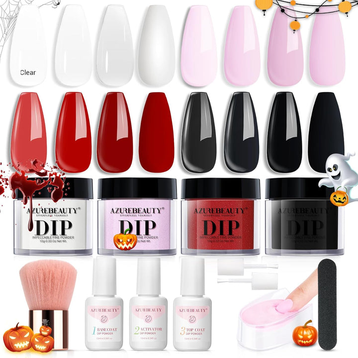 Dip Powder Nail Kit Starter, All Season Nude Skin Glitter 4 Colors Dipping Powder Liquid Set Recycling Tray with Base & Top Coat Activator for French Nail Art Manicure Salon DIY at Home.